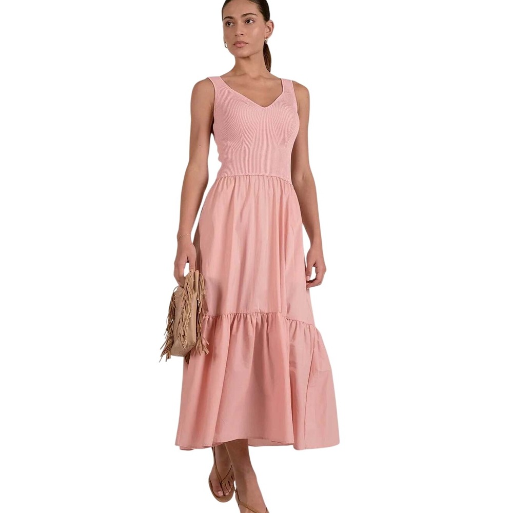 Elan Mixed Media Maxi Dress Women XL Melon Pink Ribbed Knit Tiered Pockets NWT